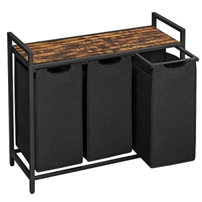 Abbildung von VASAGLE Wäschekorb 3 Fächer, Wäschesammler mit Ablage, Wäschebox, Wäschesack aus Oxford Gewebe ausziehbar abnehmbar, Metallrahmen, x 38 L, 92,5 33 72 cm, vintagebraun schwarz BLH301B01