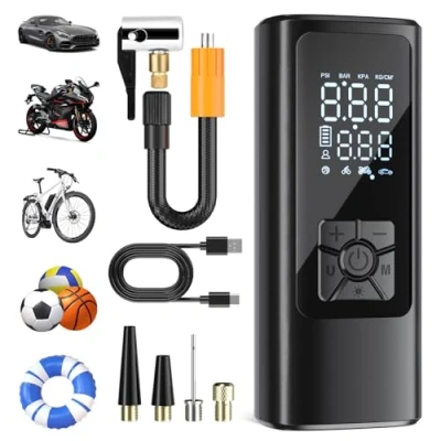 Abbildung von HOVVIDA Elektrische Luftpumpe Tragbarer Fahrradpumpe Elektrisch Mini Reifenpumpe Luftkompressor Kabellos 150 PSI (10,3 Bar) 5V, Auto Abschaltung, 5200 mAh, LED, für Auto, Motorrad, Fahrrad, Ball