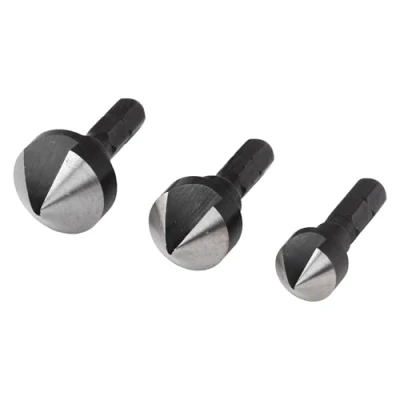 Abbildung von wolfcraft Kegelsenker Set, Sechskant Schaft, 3 tlg. I 2584000 für das Senken von Bohrlöchern bündige Verschraubungen in Holz, NE Metall und Kunststoff