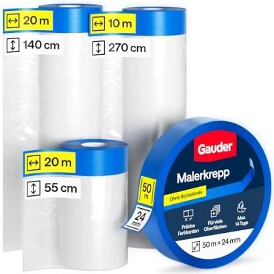 Abbildung von GAUDER 50 Meter Abdeckfolien Set mit Klebeband (55 + 140 270 cm) Malerkrepp 24 mm x m 66 m² Malerfolie 3er Malerband Abklebefolie perfekt für Fenster, Türen und Schalter
