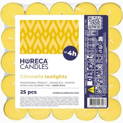 Abbildung von Horeca Candles Citronella Teelichter Set mit 25er Kerzen, Gelbe Duftkerzen 4 Stunden Brenndauer Für den Außenbereich, Balkon, Picknick, Camping