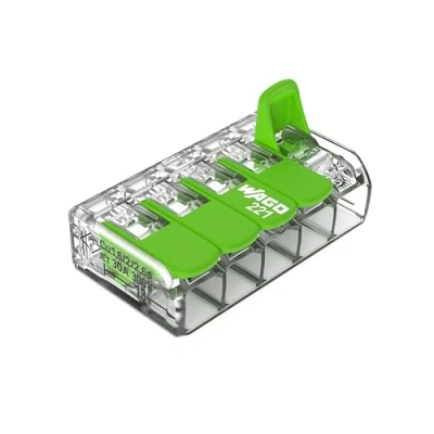 Abbildung von WAGO Green Range Klemme 5 Leiter I bis 4mm² Verbindungsklemme mit Hebeln für alle Leiterarten steckbar 221 423 25 Stück