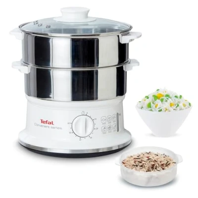 Abbildung von Tefal Dampfgarer VC1451 2 Edelstahlbehälter 6L Fassungsvermögen 24cm Durchmesser Timer und automatische Abschaltung 900W Weiß
