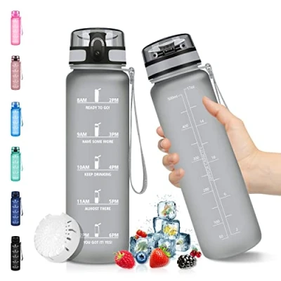 Abbildung von Trinkflasche 500ml, Tritan Sport BPA Frei, Wasserflasche 0.5L Zeitmarkierung und Filter, Kohlensäure Geeignet, für kinder, Sport, Fahrrad, Camping, Outdoor