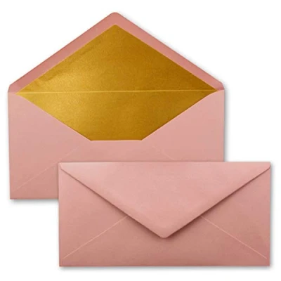 Abbildung von 50 Brief Umschläge DIN Lang Altrosa (Rosa) mit Gold Metallic Innen Futter 110 x 220 mm Nassklebung festliche Kuverts für Weihnachten