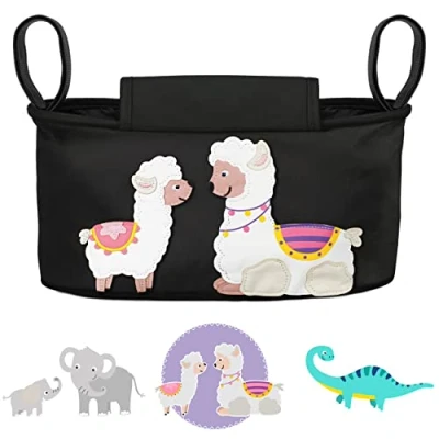 Abbildung von GLÜCKSWOLKE Kinderwagen Organizer 12 Motive I Kinderwagentasche verschließbar Kinder Buggy Tasche mit Feuchttuchspender Baby Stroller Bag Aufbewahrungstasche (Anni Alpaka schwarz)