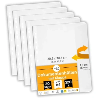 Abbildung von perfect line 20 Dokumentenhüllen DIN A4 mit Klappe, Prospekthüllen seitlich offen, Klarsichtfolien genarbt, transparent