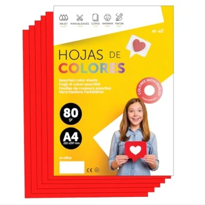 Abbildung von Buntes Papier A4 80g für Drucker &amp; Basteln, Farbige Blätter Kinder, Kreativprojekte, Karten Schule M office (100 Blatt, Rot)
