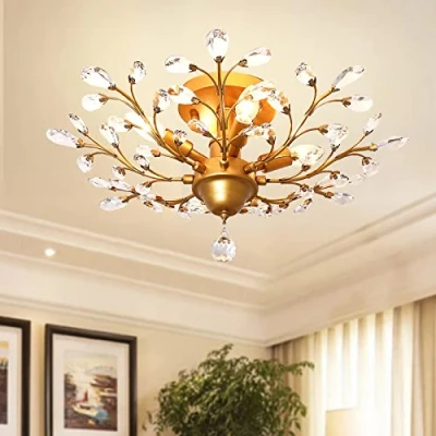 Abbildung von Ganeed Vintage K9 Klare Kristall Kronleuchter Deckenbeleuchtung Pendelleuchte Unterputzleuchte für Wohnzimmer Esszimmer Restaurant Veranda Flur Gold 4 Lichter