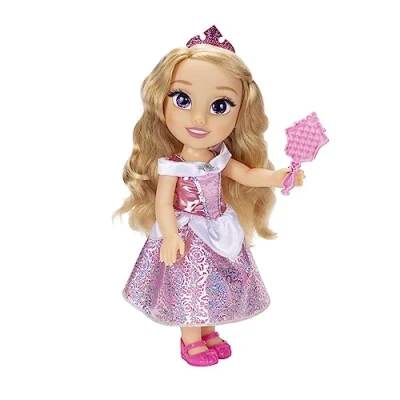Abbildung von Disney Princess Aurora Puppe 35cm, reflektierende Glitzeraugen, bewegliche Gelenke, ausziehbares Kleid, Schuhe, Krone, langes Blondes Haar, für Mädchen ab 3 Jahren