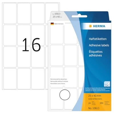 Abbildung von HERMA 10613 Vielzweck Etiketten ablösbar, 384 Stück, 25 x 40 mm, 16 pro Bogen, selbstklebend, Haushaltsetiketten zum Beschriften, matt, blanko Papier Klebeetiketten Aufkleber, weiß
