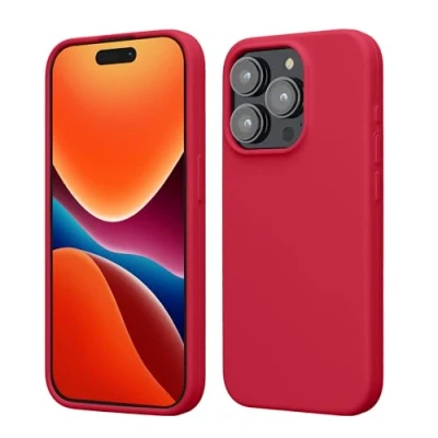 Abbildung von kwmobile Hülle für das iPhone 15 Pro Silikon Handy Case stoßfeste Handyhülle mit weicher Oberfläche Granatapfelrot