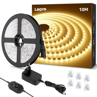 Abbildung von Lepro LED Strip 10M Warmweiss, Streifen Warmweiß 3000K Dimmbar, 2835 Band Selbstklebend 420 LEDs, Superhell Lichtband Leiste mit Netzteil, Lichterkette Kette für Innen Küche Heim Deko