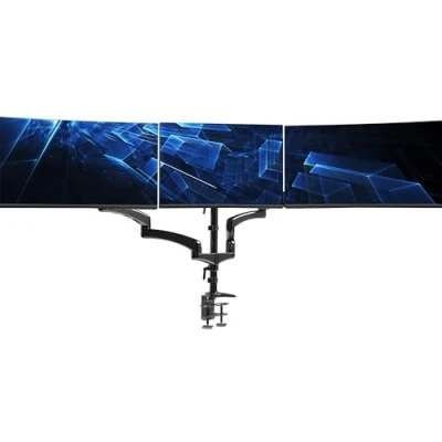 Abbildung von VIVO Dreifach Monitor Höhenverstellbare Schreibtischhalterung, 2 pneumatische Arme, 1 fester Gegengewichtsständer, 8 kg Tragkraft pro Bildschirm, max. VESA 100x100, schwarz, STAND V300G