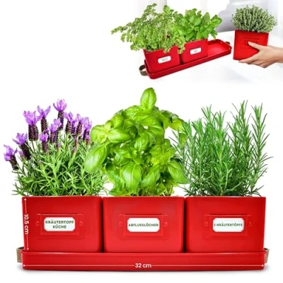 Abbildung von Green Thumbz 3 STK. Kräutertopf Kräutertöpfe für Deinen Kräutergarten und Fensterbank Innen Dekoration Basilikum Topf mit Ledergriffen &amp; Untersetzer Küchenkräuter (Rot)