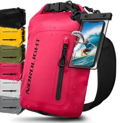Abbildung von Nordlight Dry Bag wasserdichte Tasche mit Handyhülle + Roll Top, Schultergurt Drybag wasserfester Rucksack Beutel Packsack Seesack Wassersack Wetbag Baden Schwimmen Strand SUP Pink, 10 Liter