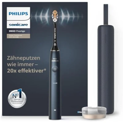 Abbildung von Philips Sonicare DiamondClean Prestige 9900 Elektrische Zahnbürste mit SenseIQ, A3 Premium All in One Bürstenkopf und Ladeetui Mitternachtsblau (Modell HX9992/12)