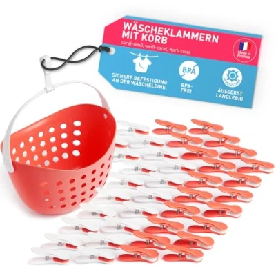 Abbildung von culiclean Wäscheklammern stabil ohne Abdruck Soft Clips mit Wäscheklammernkorb 40 Stück Wäscheklammernkorb/Coral weiß Coral Korb Henkel statt Beutel
