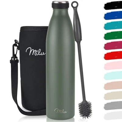 Abbildung von Milu Edelstahl Trinkflasche 350ml 500ml 750ml 1L 1,5L Thermosflasche Isolierte Wasserflasche Auslaufsichere Isolierflasche doppelwandig Kohlensäure geeignet inkl. Reinigungsbürste (Olivgrün, 1L)
