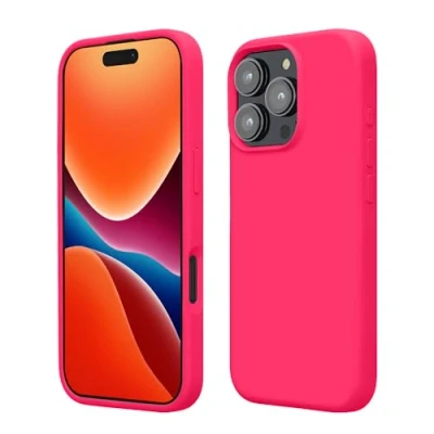 Abbildung von kwmobile Hülle kompatibel mit iPhone 16 Pro Silikon Handy Case Handyhülle weiche Oberfläche kabelloses Laden Neon Pink