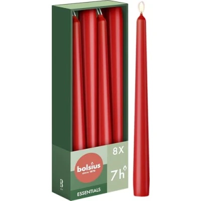 Abbildung von Bolsius Glatte Spitzkerzen Rot Set 8 Stück im Karton Dekorative Haushaltkerzen Brenndauer 7 Stunden Unparfümierte Natürliches Pflanzenwachts Ohne Palmöl 24,5 cm