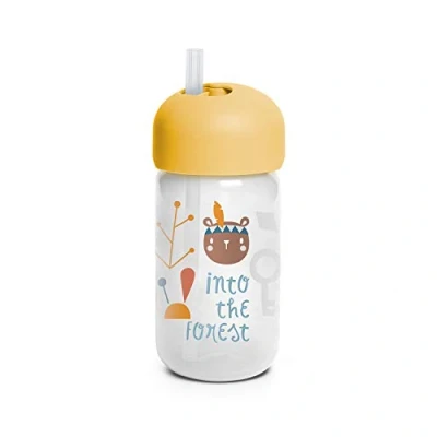 Abbildung von Suavinex 401207 Trinkbecher Baby Training Cup mit flexiblem Strohhalm und Tropfschutz, ab 18 Monaten, Waldfarbe Gelb 340 ml 103 g