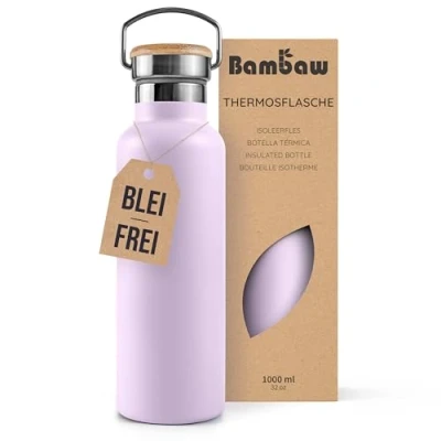 Abbildung von Bambaw Thermosflasche 1l, Trinkflasche Lila, Edelstahl Doppelwandige Flasche, Thermos 1l Fliederlila
