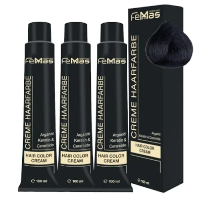 Abbildung von FemMas Haarfarbe 3x Schwarz 1 I Professionelle Creme mit Arganöl, Keratin &amp; Ceramiden Als dauerhafte Haarfärbung oder Tönung für strahlende, haltbare Farbergebnisse 100 ml