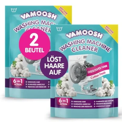Abbildung von Vamoosh 6 in 1 Waschmaschinenreiniger &amp; Entkalker, löst Haare auf, beseitigt schlechte Gerüche, entfernt Kalk, hinterlässt einen frischen Geruch, antibakterieller Tiefenreiniger, 2 Beutel Waschgänge