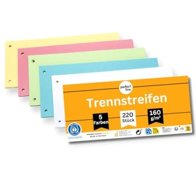 Abbildung von perfect line 220 Trennstreifen für Ordner A4, Trennblätter aus Recycling Karton Made in Germany, 5 Farben, gelocht