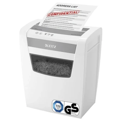 Abbildung von Leitz IQ Office S Aktenvernichter, 14 12 Blatt Kapazität (70 80 g/m²), Partikelschnitt, Sicherheitsstufe P4, 23L Abfallbehälter, Besonders leise, Schredder für Büro und Home Office, weiß, 80990000