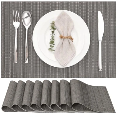Abbildung von Myir JUN Tischsets Abwaschbar 8er Set, Gewebte Platzdeckchen rutschfest Abgrifffeste Hitzebeständig, Vinyl Platzsets für küche Speisetisch Hotel, Platz Matten 30x45cm (Grau)
