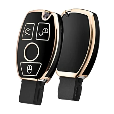 Abbildung von OATSBASF Autoschlüssel Hülle für Mercedes Benz, Schlüsselhülle Cover Benz W204 W211 2 3 Keyless Tasten A B C E Class (Goldener Rand Schwarz)