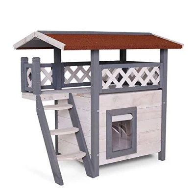Abbildung von lionto Katzenhaus mit Terrasse und Treppe, Outdoor Lodge für Katzen aus robustem Holz bietet Schutz vor Witterung, 77x50x73 cm, PVC Lamellen schützen Wind, Montageanleitung mitgeliefert, grau/weiß