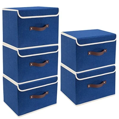 Abbildung von TYEERS Faltbare Aufbewahrungsbox mit Deckel, Stoff, Waschbare, Kisten Aufbewahrung 38x25x25 cm, 5 Stück, Klassisch Blau