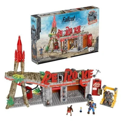 Abbildung von MEGA Fallout Actionfiguren Bauspielzeuge, Red Rocket Raststätte mit 824 Teilen, 2 beweglichen Charakteren und Zubehör, für Sammler, HXT00
