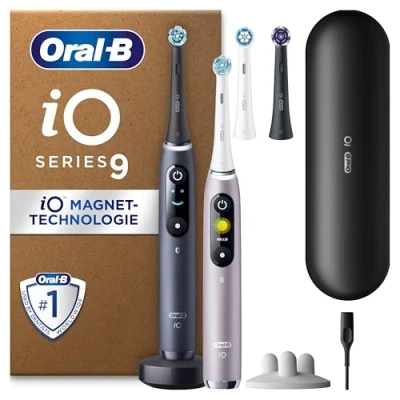 Abbildung von Oral B iO Series 9 PLUS Edition Doppelpack Elektrische Zahnbürste/Electric Toothbrush, 4 Aufsteckbürsten, 7 Putzmodi für Zahnpflege, Lade Reiseetui, Designed by Braun, black onyx/rose quartz