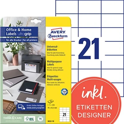 Abbildung von AVERY Zweckform 3652 10 Adressaufkleber (210 Klebeetiketten, 70x42,3 mm auf A4, bedruckbare Absenderetiketten, selbstklebende Adressetiketten mit ultragrip, ideal fürs HomeOffice) Blatt, weiß