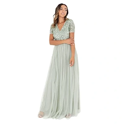 Abbildung von Maya Deluxe Abendkleid mit Pailletten Cocktailkleid Damen V Ausschnitt Tüllkleid Smaragdgrün Größe 38