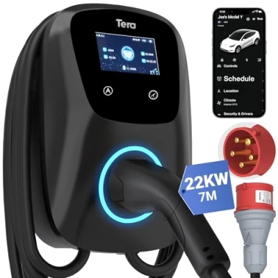 Abbildung von Tera EV Ladegerät Smart App mit 32A Typ 2 22kW oder 11kW Heim Ladestation 400V CE &amp; TÜV Wallbox 7m Ladekabel Ladegerätehalter Steuerung CEE 3 Phasen Stecker für Alle EVs und PHEVs W01 Schwarz