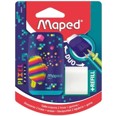 Abbildung von Maped Bleistiftspitzer Duo Pixel Party 2 in 1 Löcher + Radiergummi, ohne PVC und Phthalate mit Nachfüllpack Radiergummi