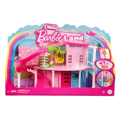 Abbildung von Barbie Mini BarbieLand Puppenhaus Sets, Traumvilla mit Überraschung, ca. 4 cm große Puppe, Möbel und Zubehörteile plus Aufzug Pool, Jahre+, HYF45