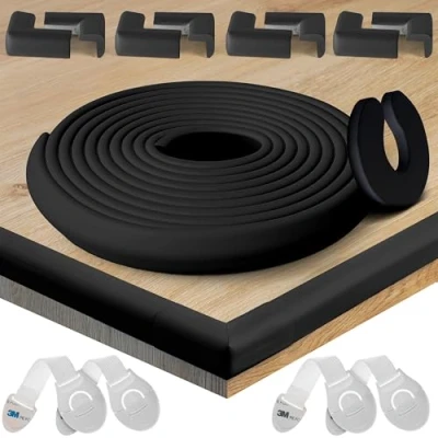 Abbildung von HAPPY CHLEA® Kantenschutz Baby und 8 Eckenschutz aus Schaumstoff. Tischkantenschutz Eckenschützer: 6,4 M gesamt für Tisch Möbel Ecken. Türstopper, 4 Schubladensicherung. Zertifikat (Schwarz)
