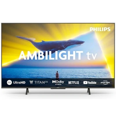 Abbildung von Philips Ambilight 43PUS8109 4K LED Smart TV 43 Zoll Display mit Pixel präziser Ultra HD, Titan OS Plattform und Dolby Atmos, Funktioniert Alexa Google Sprachassistent Satiniertes Chrom