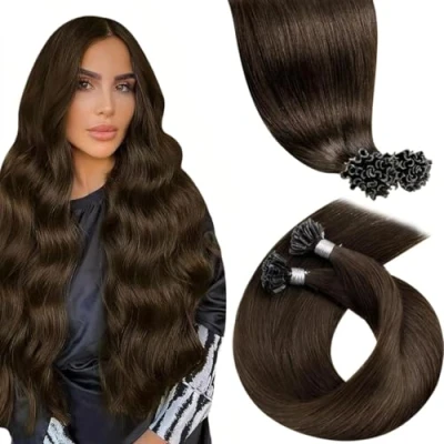 Abbildung von LaaVoo 55cm U tip Extensions Echthaar Braun Haar Bondings Mit Keratin Schokoladenbraun #4 1g/s 50g