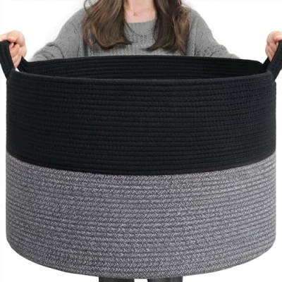 Abbildung von TIMEYARD Korb Aufbewahrung, Aufbewahrungskorb Kinderzimmer, Wäschekorb Kinder Groß Weihnachtsbaum Korb, für Decken, Baby Spielzeug, Geflochten, 55x35cm, Schwarz