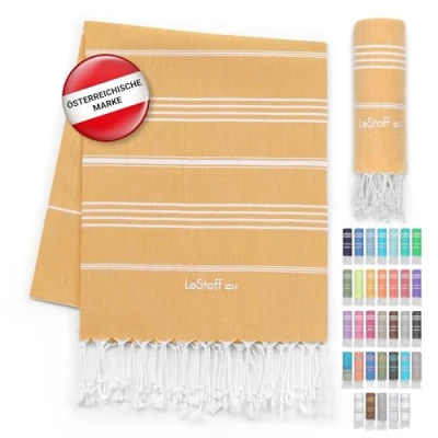 Abbildung von LeStoff Premium Hamamtuch 100% Bio Baumwolle Vorgewaschen, Nachhaltig, Saugstark &amp; Schnelltrocknend Strand, Bade, Dusch, Yoga, Spa Reise Tuch (95 x 180 cm, Yellow)