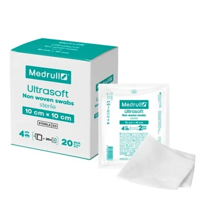 Abbildung von Medrull Kompressen nicht gewebt STERIL ULTRASOFT Wundauflagen 4 lagig 10 x cm Verpackt 2 Stück 20 Papierbeuteln (40 Stück)