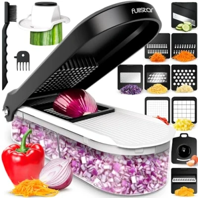 Abbildung von Gemüseschneider Mandoline Gemüsehobel Gemüse Schneider Gurkenhobel Zwiebelschneider Kartoffelschneider Obstschneider Reibe für und Käse Julienneschneider (10 in 1 Kompakt Weiß)