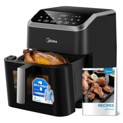 Abbildung von Midea Heißluftfritteuse 7L Fassungsvermögen, HeatXpress Technologie 90% weniger Öl, Energie und Zeitersparnis mit 7 Voreinstellungen, Easy View Fenster &amp; Licht, Antihaft, Schwarz